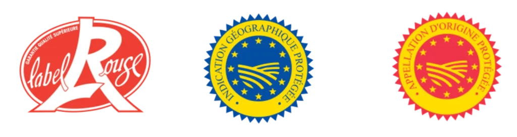 logo-qualite-horizontal Trois logos de qualité alimentaire et label de couleur rouge bleu et jaune alignés horizontalement
