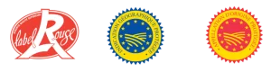 Trois logos de qualité alimentaire et label de couleur rouge bleu et jaune alignés horizontalement